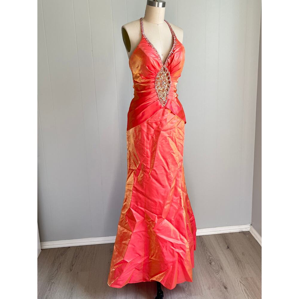 Mori Lee Madeline Gardner Pink Peach Shimmery Gown 7‎ 8 Mermaid Beaded Prom Long